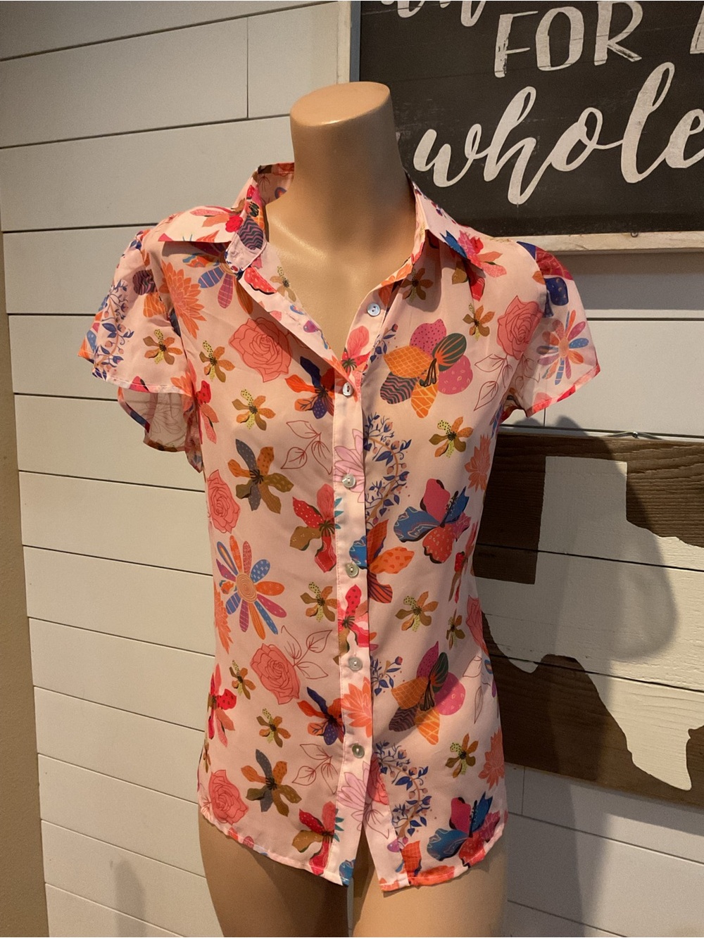 Turquoise Haven Pink Floral Flutter Sleeve Top Women’s Small NWT